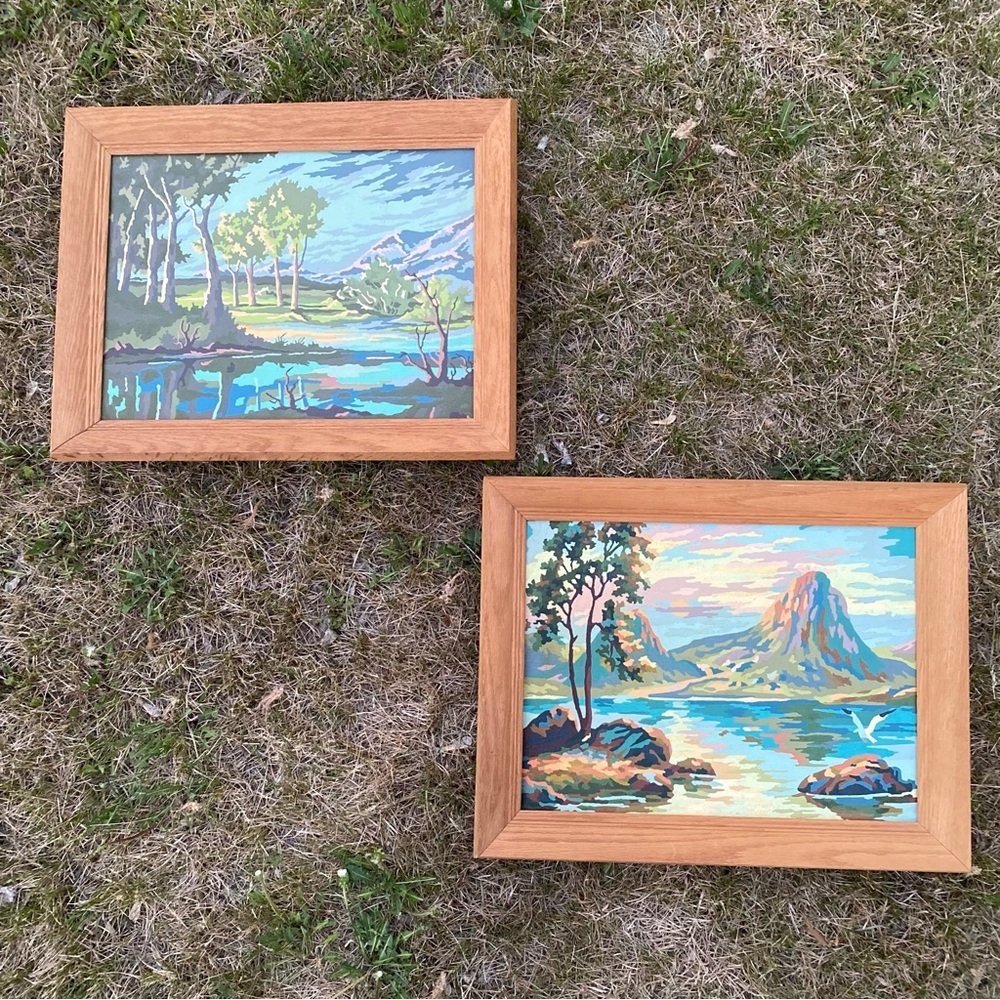 Vintage Paint by number paintings signed 1957 mountain scene wilderness